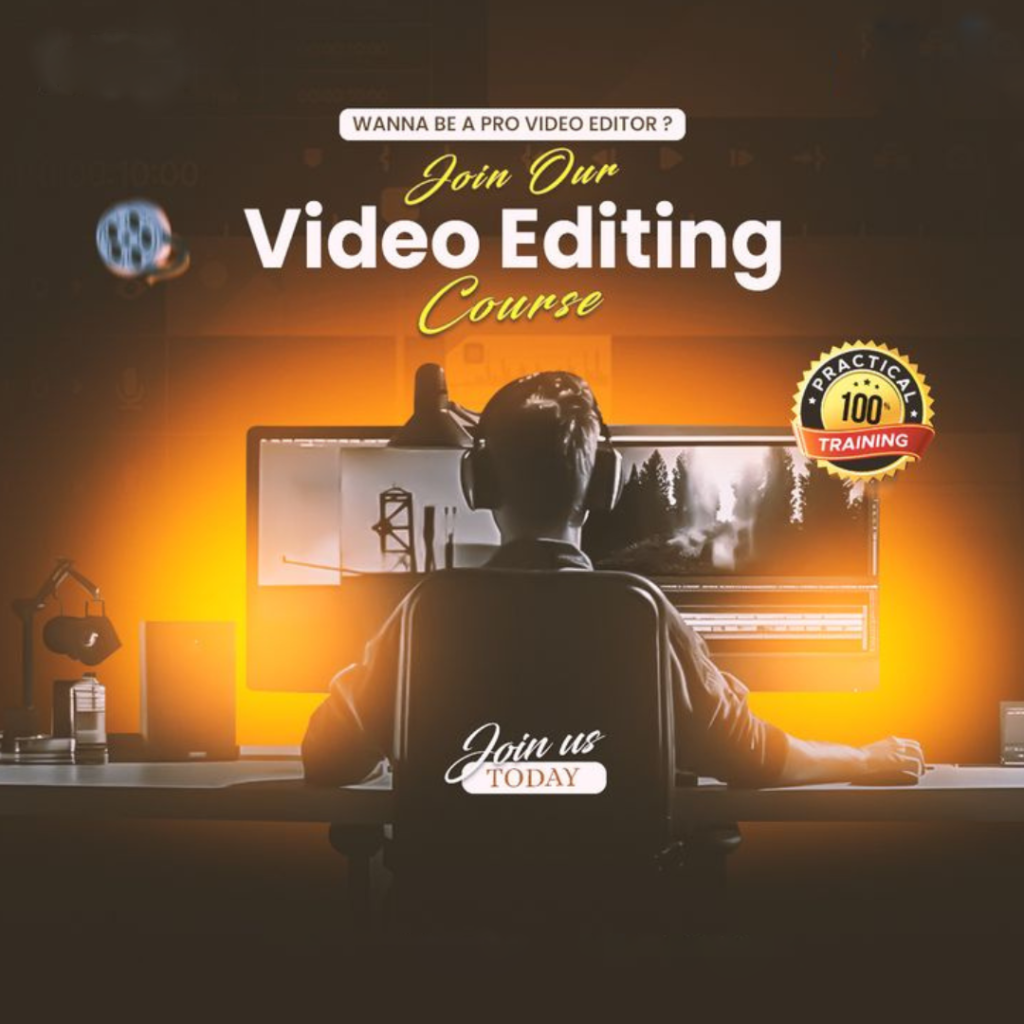 Student using editing software on a dual-monitor setup, promoting 100% practical training in a professional video editing course with certification.