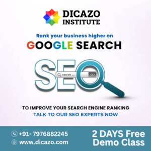 Banner promoting Dicazo Institute's SEO course with the message "Rank your business higher on Google Search" and offering a 2-day free demo class. Contact and website info included.