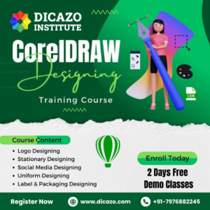 CorelDRAW Designing Training Course poster by Dicazo Institute with course content and contact information.