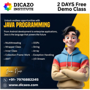 Java course poster by Dicazo Institute with free 2-day demo and key topics listed.