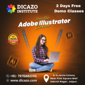A young woman using a laptop while promoting Adobe Illustrator course at Dicazo Institute with 2 days free demo classes and 100% practical training in Jaipur