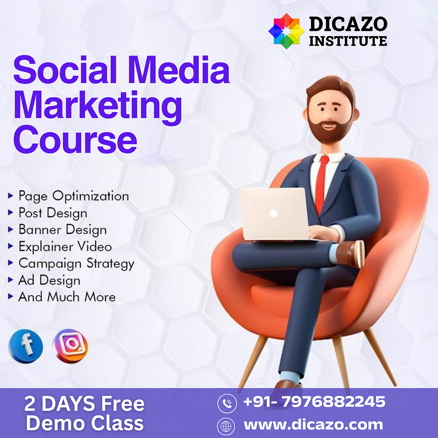 Man with laptop promoting Social Media Marketing Course – Includes page optimization, ad design, banner creation, and free demo class.