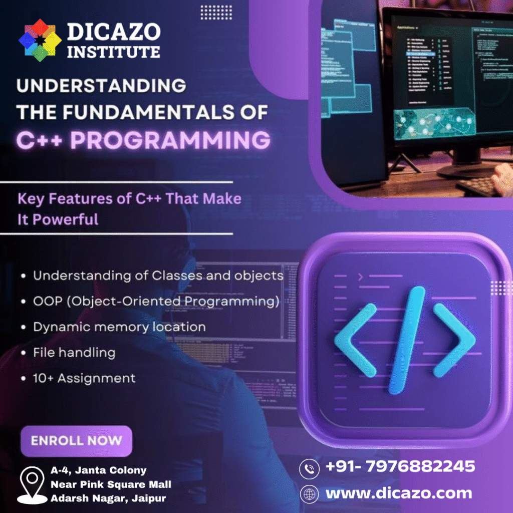 Dicazo Institute poster about learning the fundamentals of C++ programming in Jaipur – features include classes & objects, OOP, dynamic memory, file handling, and assignments – with contact details and enroll now button.
