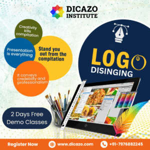 Online logo design course poster by Dicazo Institute promoting demo classes in Jaipur